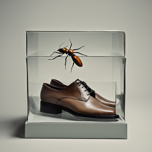 A shoe box with dress shoes and insect trying to get in the box