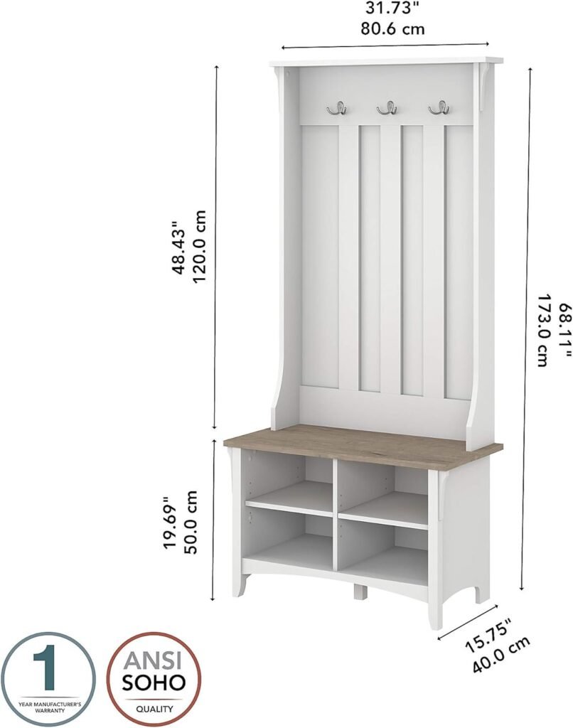 The Bush Furniture Salinas Hall Tree with Shoe Storage Bench dimensions