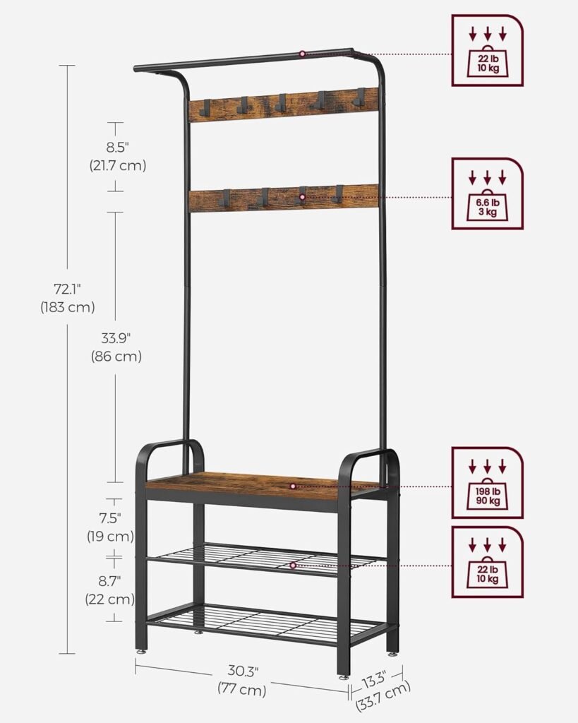 VASAGLE Coat Rack Hall Tree with Shoe Bench for Entryway Dimensions